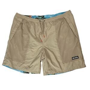 Columbia Men’s XXL Reversible Swim Trunks Blue Floral Tan Mesh Lined 8” Inseam